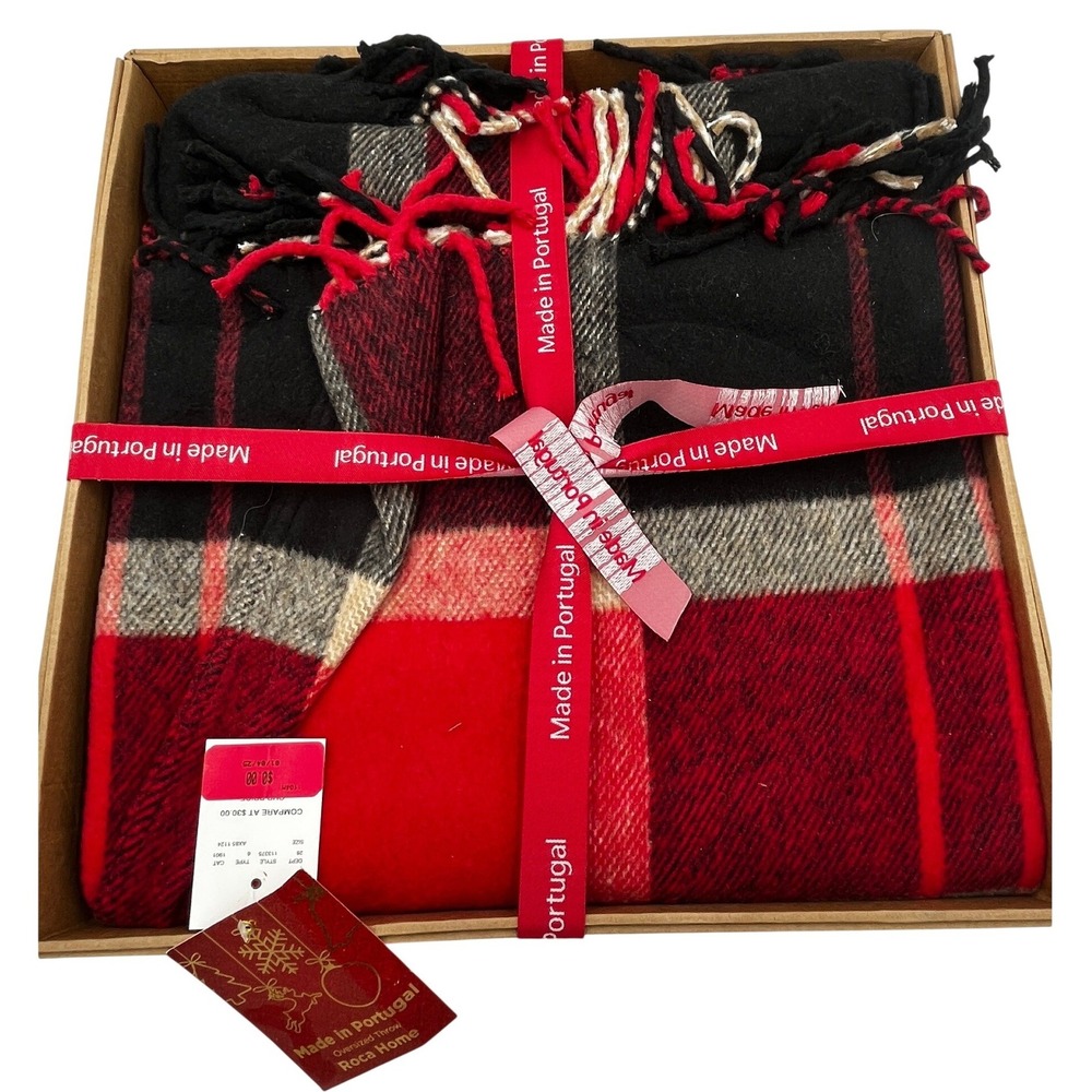 Roca Home Plaid Oversized Fringed Throw Blanket Made in Portugal